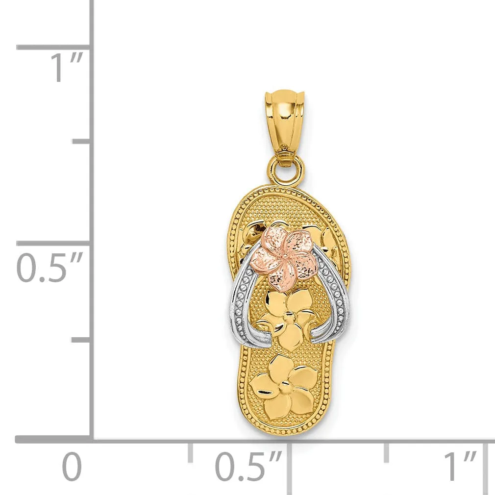 14K Tri Color Gold Plumeria Flower Design Flip Flop Beach Sandal Pendant