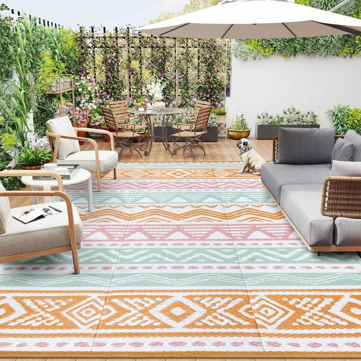 Amoret Waterproof Reversible Colorful Pink/Orange Outdoor Rug
