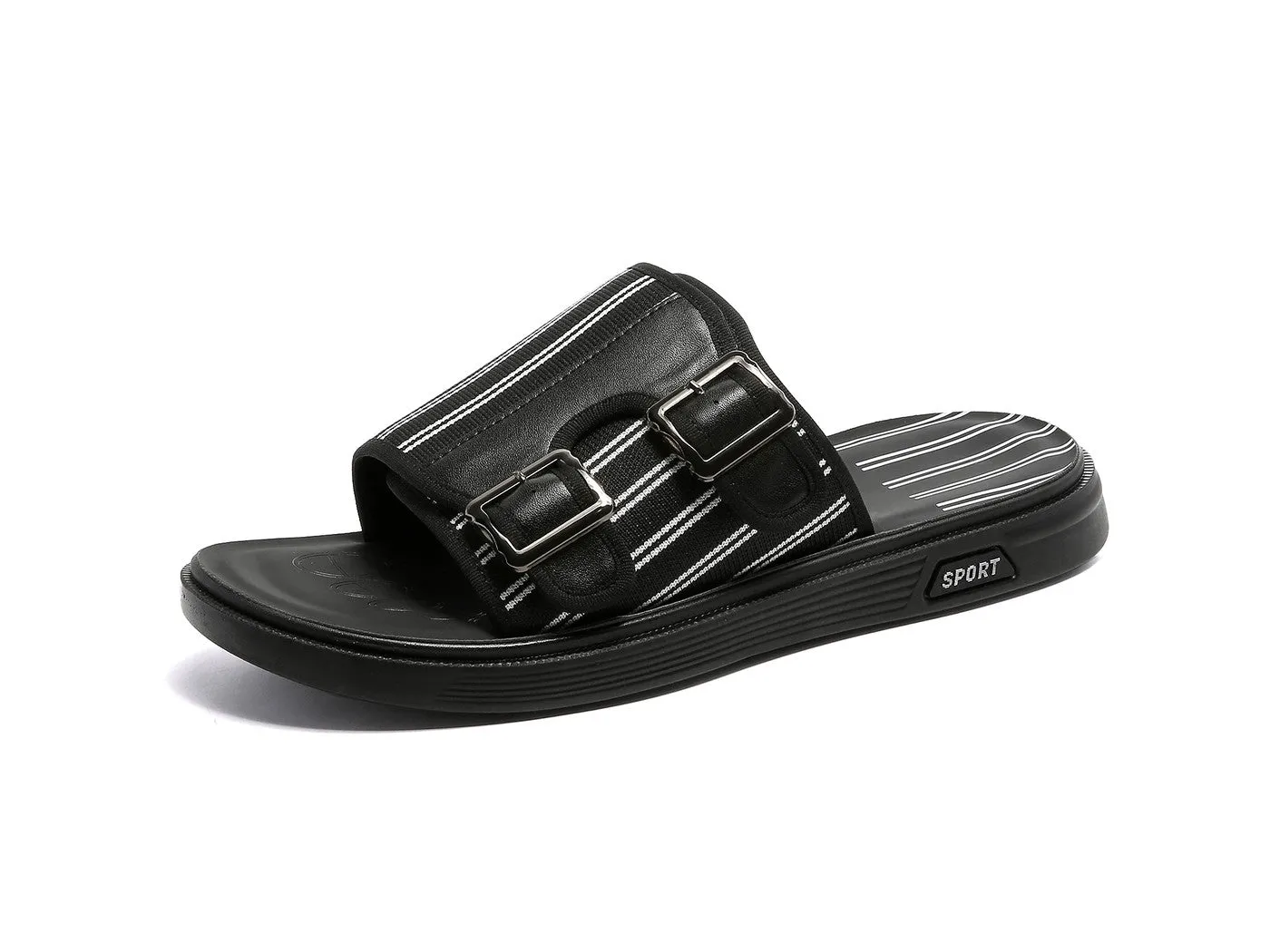 Men's Stripe Buckle Slides Black