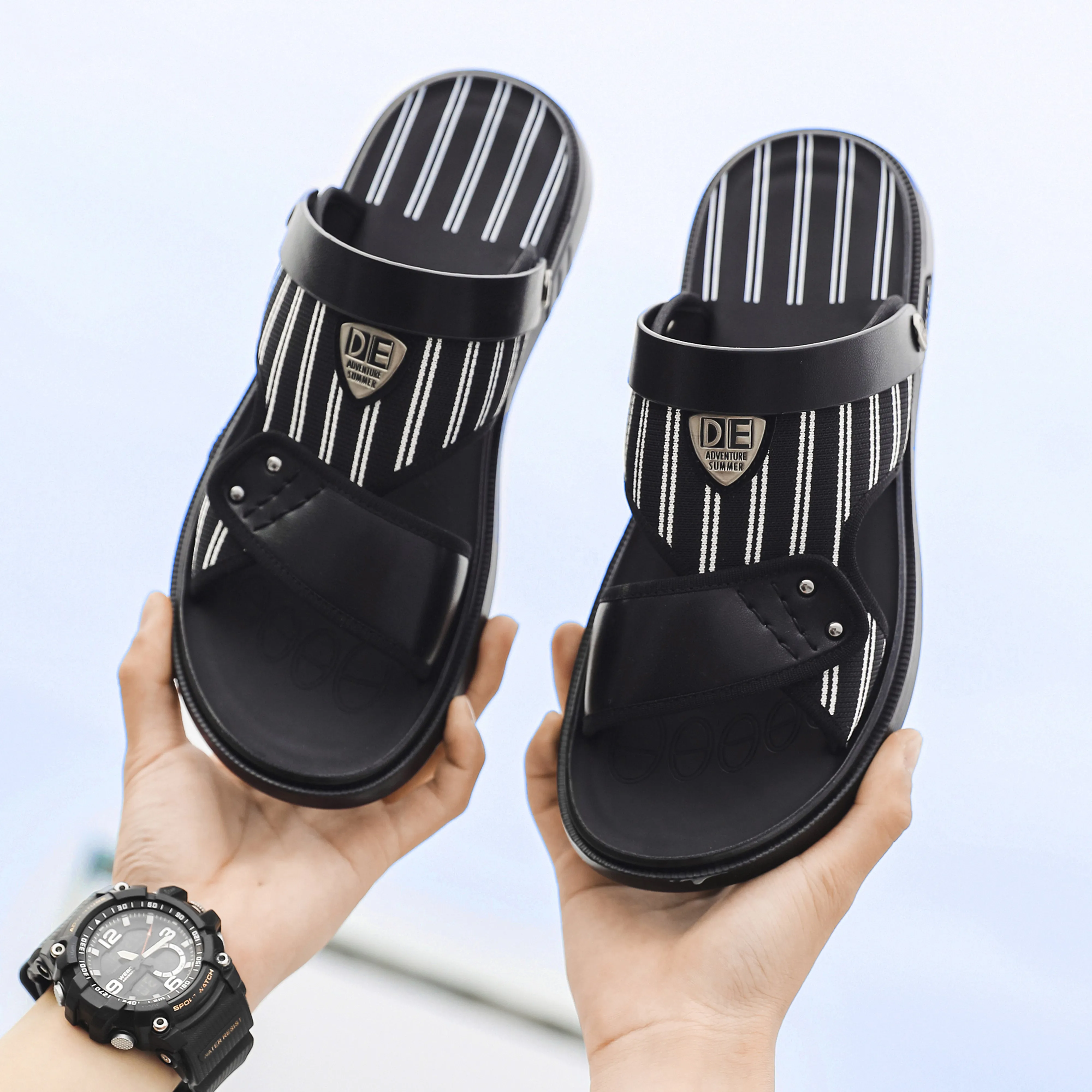 Men's Stripe Slides Back Strap Black