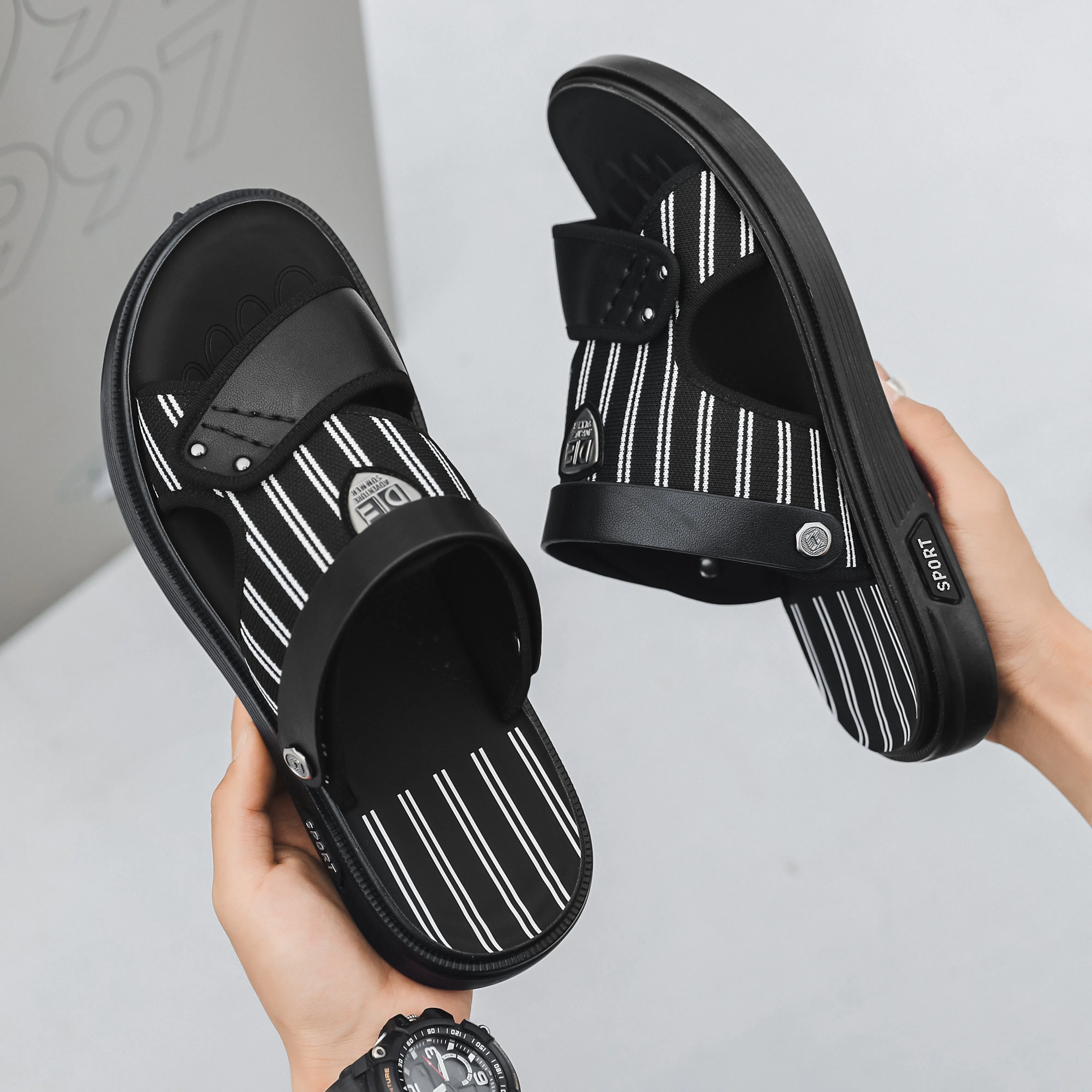 Men's Stripe Slides Back Strap Black