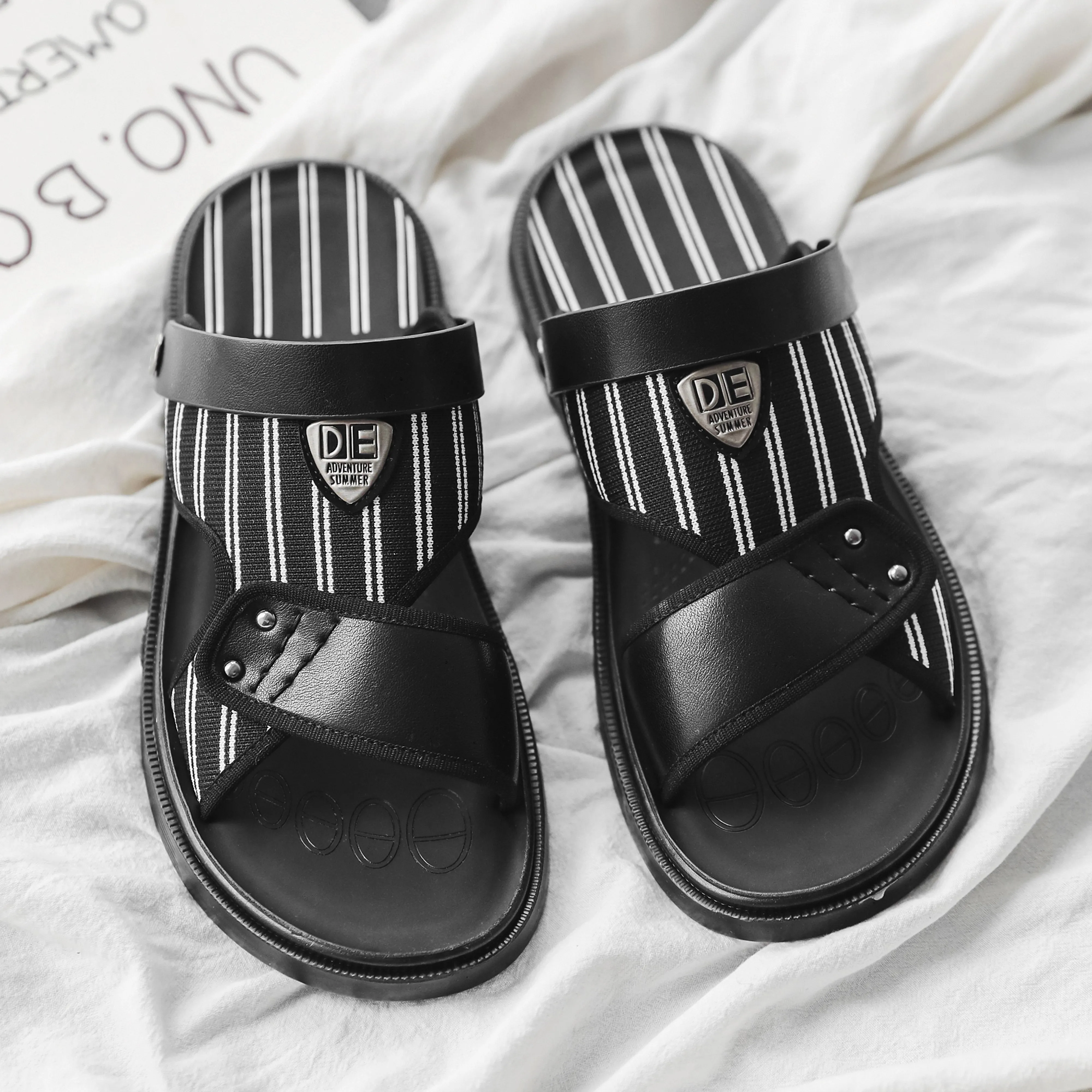 Men's Stripe Slides Back Strap Black