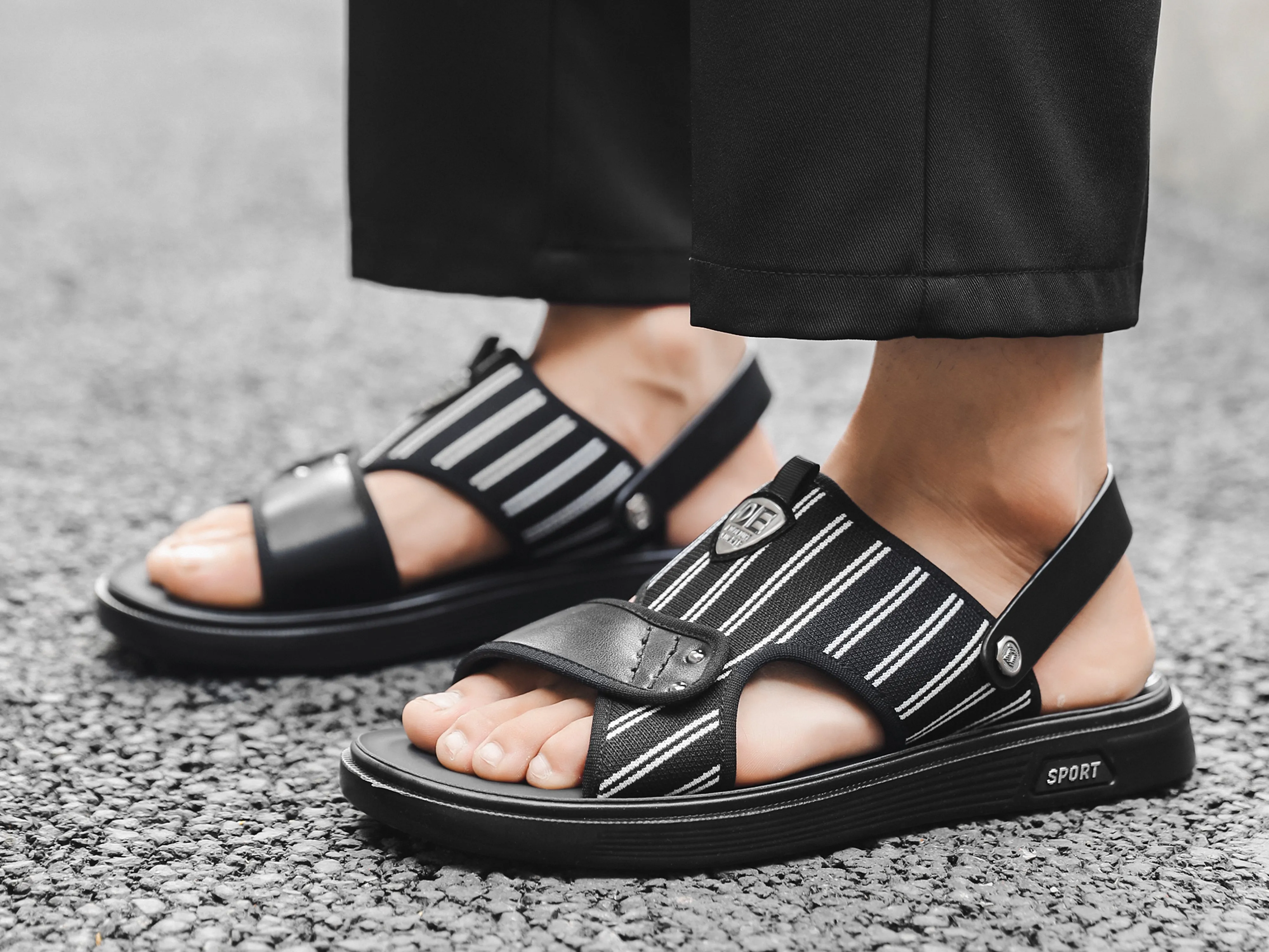 Men's Stripe Slides Back Strap Black
