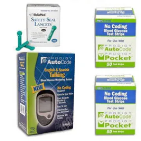 Prodigy Autocode Glucose Meter Kit Combo (Meter Kit,Test Strips 100ct and Reliamed Safety Seal Lancets 100ct)