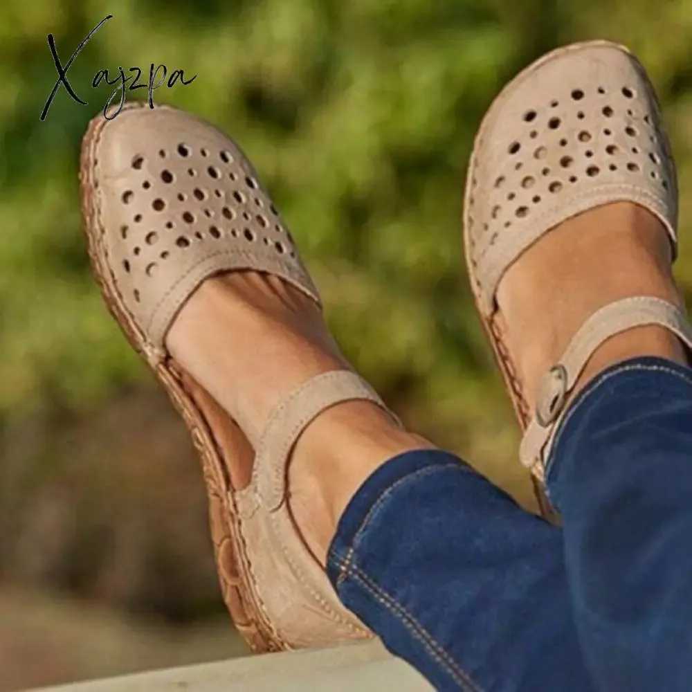 Xajzpa New Women Round Toe Hollow-out Sandals Comfortable Soft Hook Loop Mary Jane Flat Sandal Breathable Non-slip For Summer